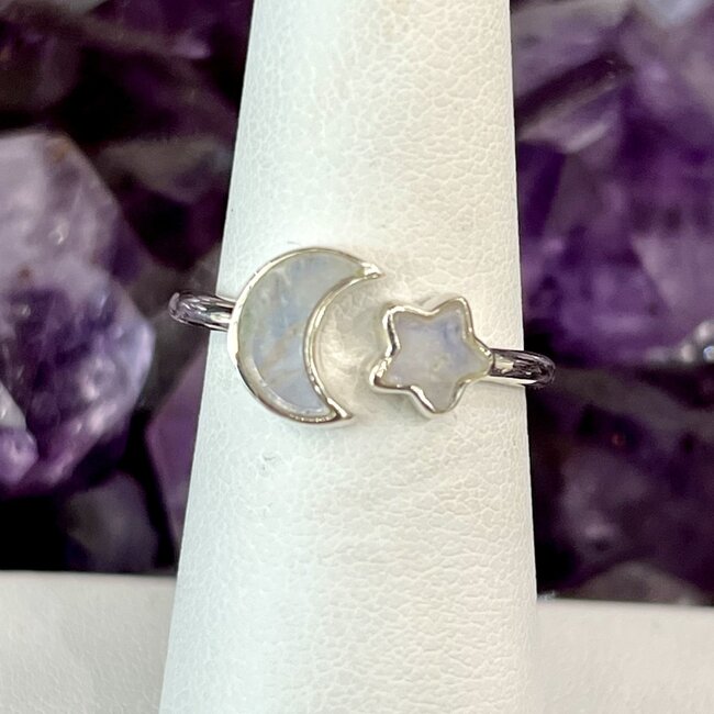 Rainbow Moonstone Ring - Size 5 Crescent Moon & Star - Sterling Silver