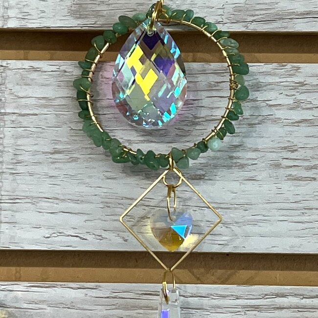 Prism Suncatcher Sun Catcher (Green Aventurine ) Teardrop Prism -Window Mirror Crystal-Faceted Point Gold
