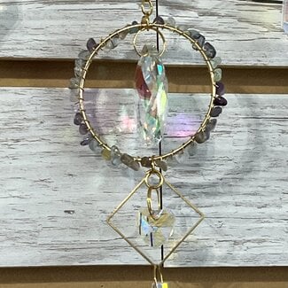 Prism Suncatcher Sun Catcher (Rainbow Fluorite ) w/ Teardrop Prism -Window Mirror Crystal-Faceted Point Gold