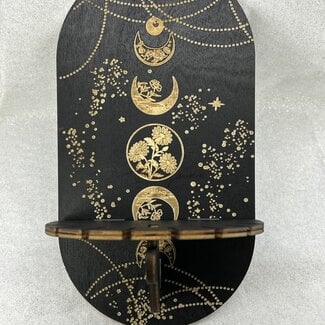 Black Wooden Crystal Display Hanging Stand w/ Bohemian  Moon Phases - 8.5"
