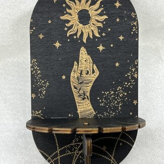 Black Wooden Crystal Display Hanging Stand w/ Bohemian Hand & Moon Phases - 8.5"