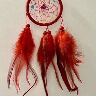 Dreamcatcher Dream Catcher Red w/ Multi Colored Beads & Red Feathers -3" Mini, Small