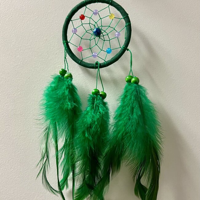 Dreamcatcher Dream Catcher Green w/ Multi Colored Beads & Green Feathers -3" Mini, Small