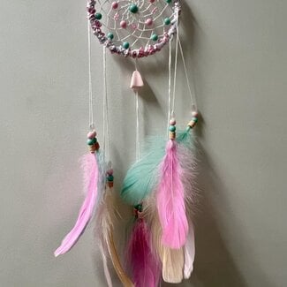 Dreamcatcher Dream Catcher Multi Colored Beads & Feathers Pink, Teal, Peach - Small