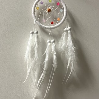 Dreamcatcher Dream Catcher White w/ Multi Colored Beads & White Feathers -3" Mini, Small