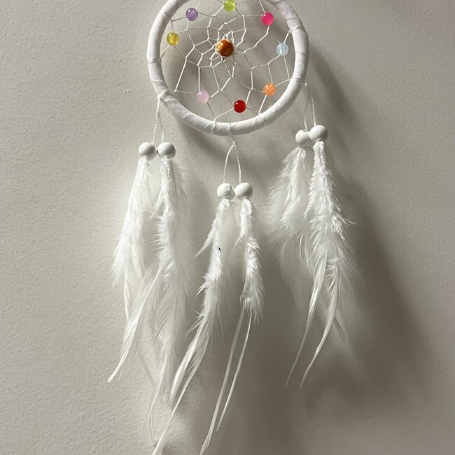 Dreamcatcher Dream Catcher White w/ Multi Colored Beads & White Feathers -3" Mini, Small