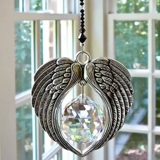 Faceted Teardrop Prism Suncatcher Sun Catcher (Silver Plated) Angel Wings w/ Black & Clear Beads - Window Mirror Crystal