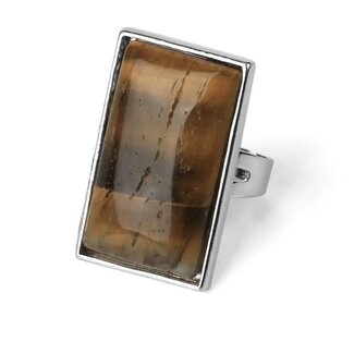 Gold Tigers Eye Rings - Adjustable Rectangle Large - Silver Plated