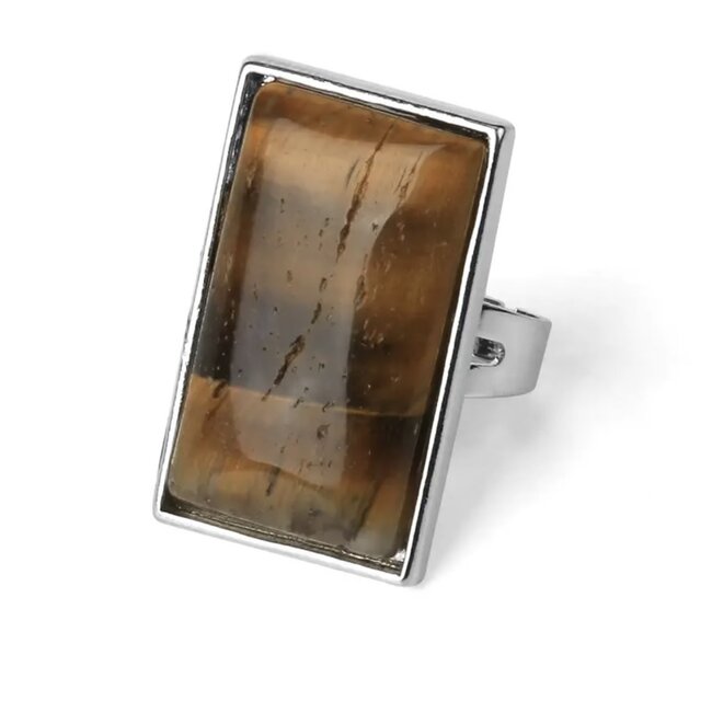 Gold Tigers Eye Rings - Adjustable Rectangle Large - Silver Plated
