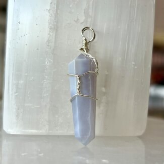 Blue Lace Agate Pendants - Wire Wrapped Points - Silver Plated