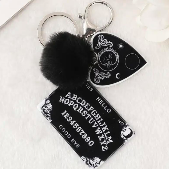 Ouija Keychain - Planchette Board Pom Pom (All Black) Keyring - Acrylic Key Chain