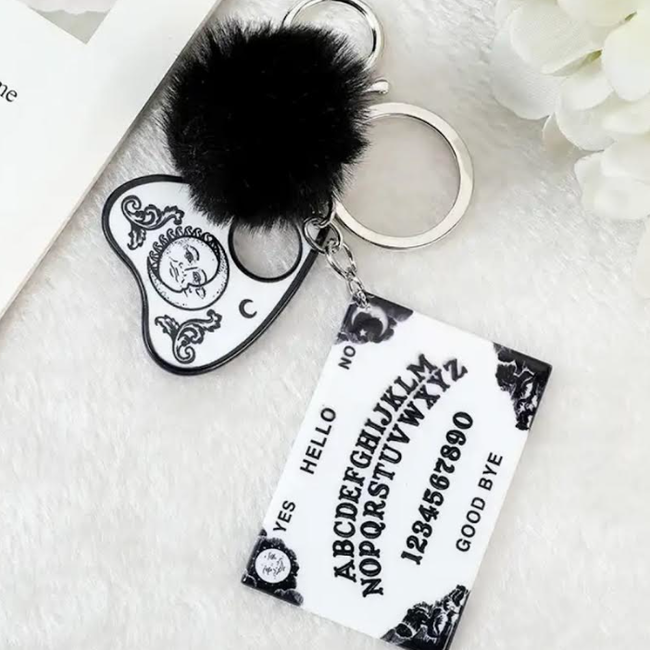 Ouija Keychain - Planchette (White) Board (White) Pom Pom (Black) Keyring - Acrylic Key Chain