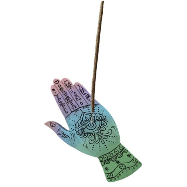 Incense Stick Burner Holder - Multi Colored Hand with Eye and Symbols with Felt Backing - 7"
