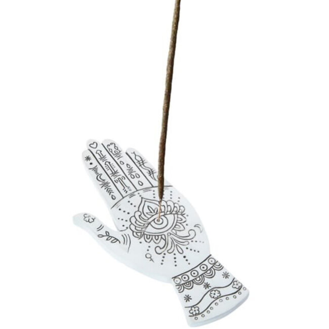 Incense Stick Burner Holder - White Hand with Eye and Symbols with Felt Backing - 7"