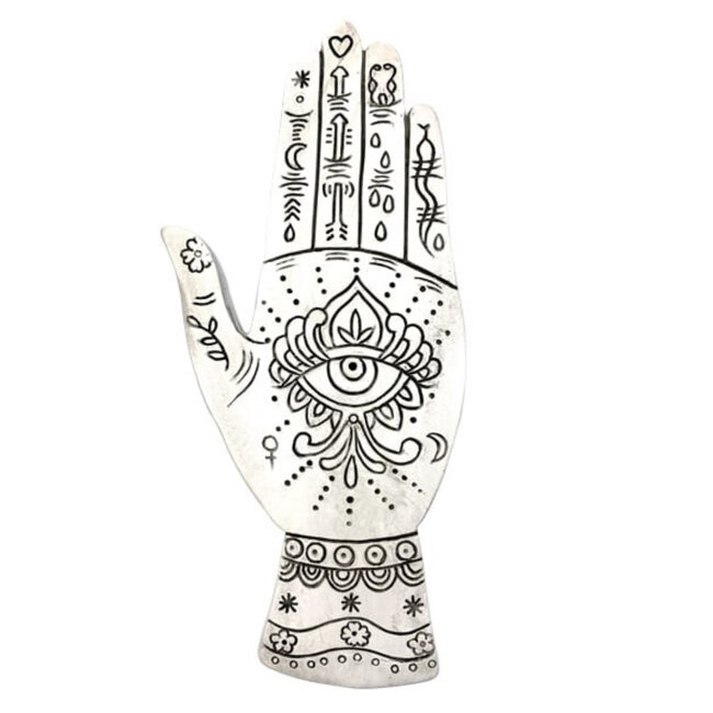 Incense Stick Burner Holder - White Hand with Eye and Symbols with Felt Backing - 7"