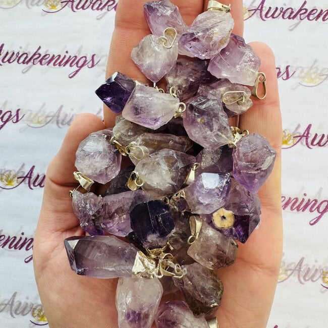 Amethyst Point Pendants - Rough Raw Natural (0.75") - Silver Plated