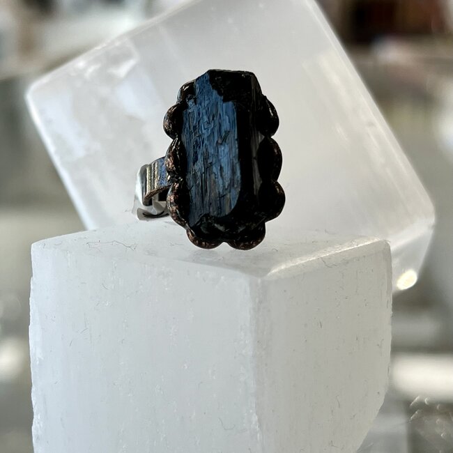 Black Tourmaline Rings - Rough Bronze Adjustable - Filigree Boho