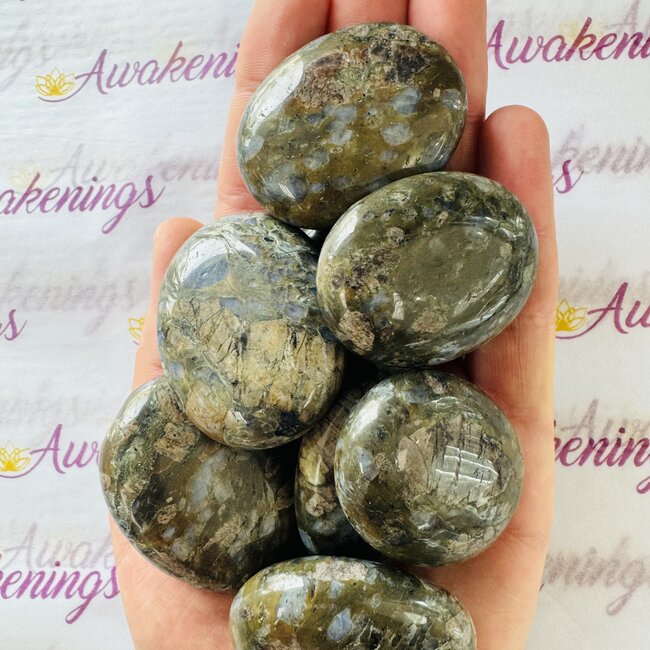 Que Sera (Blue Opal Llianite Galaxy Rhyolite Liberite Glaucophane) Palm Pillow Pocket Stone
