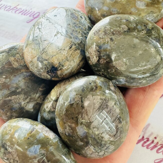 Que Sera (Blue Opal Llianite Galaxy Rhyolite Liberite Glaucophane) Palm Pillow Pocket Stone