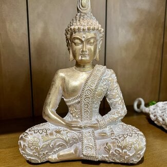 Gold & White Meditating Buddha Statues - 5.2"Lx7.5"H