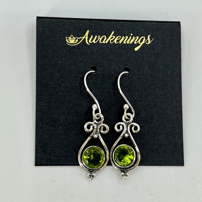 Peridot Earrings - Round Dangle Drop Deco 1 3/8"- Sterling Silver 925 Hanging