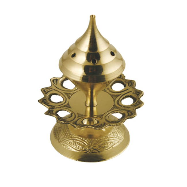 Brass Incense Burner on Pedestal with Flower Accent - 3"