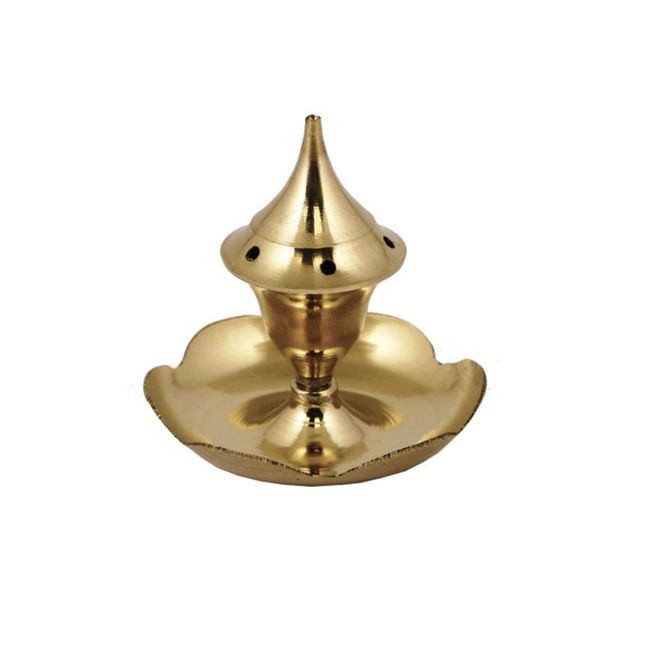 Brass Incense Cone Burner - Needle Point On Curved Plate - 2.5"