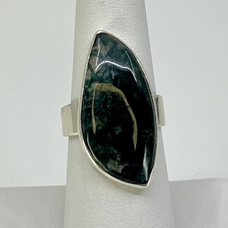Moss Agate Ring - Size 7.5 Marquise (Marquee) Bezel Set - Sterling Silver