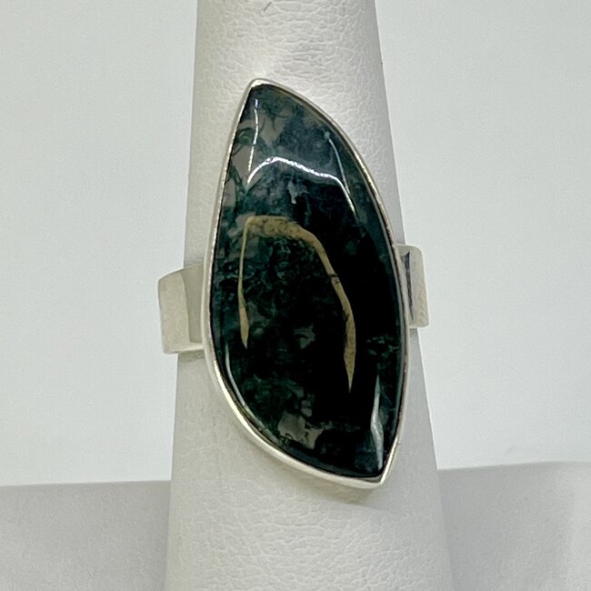 Moss Agate Ring - Size 7.5 Marquise (Marquee) Bezel Set - Sterling Silver