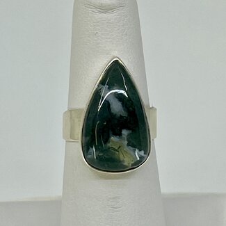 Moss Agate Ring - Size 6 Teardrop Pear Bezel Set - Sterling Silver