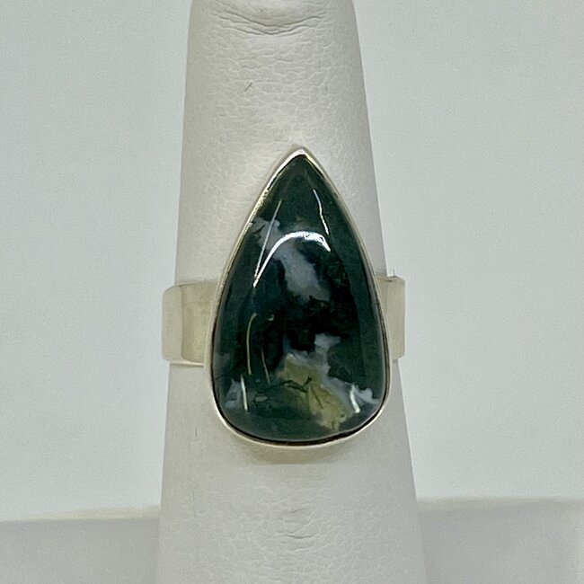 Moss Agate Ring - Size 6 Teardrop Pear Bezel Set - Sterling Silver