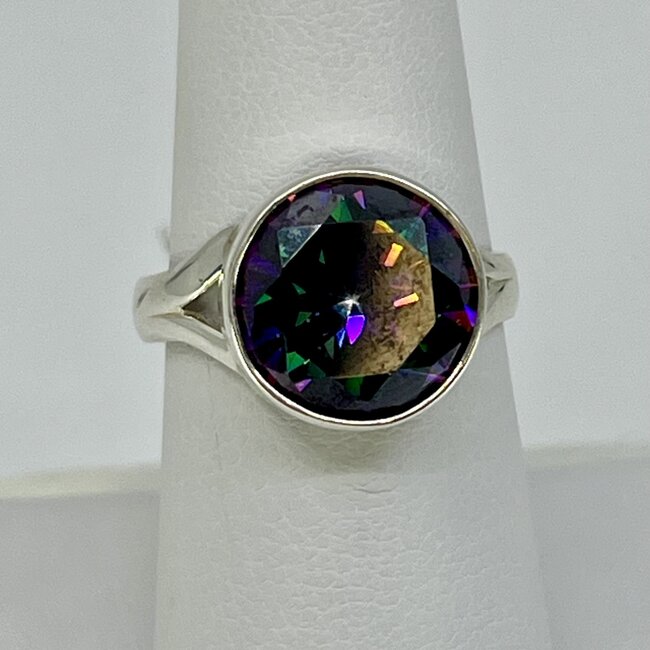 Mystic Topaz (Dark) Ring - Size 8 Round Faceted Bezel Set - Sterling Silver