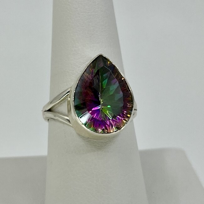Mystic Topaz Ring - Size 8 Teardrop Pear Faceted Bezel Set - Sterling Silver