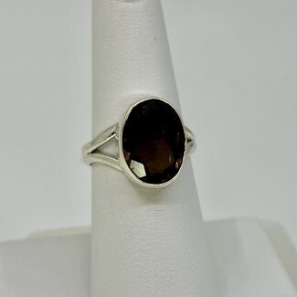 Smoky (Smokey) Quartz Ring - Size 6.5 Oval Faceted Bezel Set - Sterling Silver