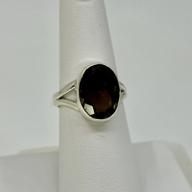 Smoky (Smokey) Quartz Ring - Size 6.5 Oval Faceted Bezel Set - Sterling Silver
