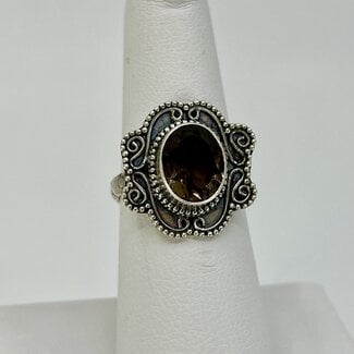 Smoky (Smokey) Quartz Rings - Size 6.5 Oval Faceted Filigree Bezel Set - Sterling Silver