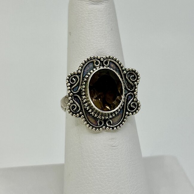Smoky (Smokey) Quartz Rings - Size 6.5 Oval Faceted Filigree Bezel Set - Sterling Silver