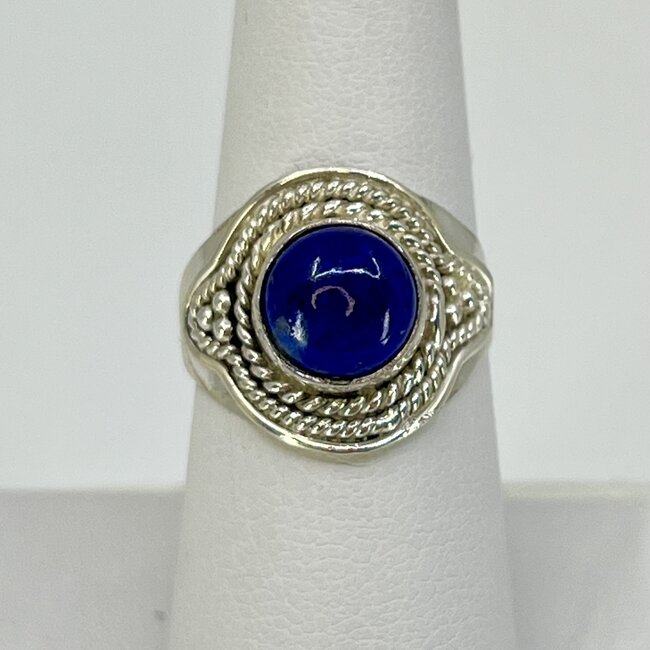 Lapis Lazuli Ring - Size 8 Round Filigree Bezel Set, Sterling Silver