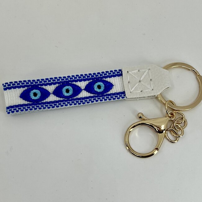 Evil Eye Latch Key Keychain Bracelet Wristlet - Blue & White
