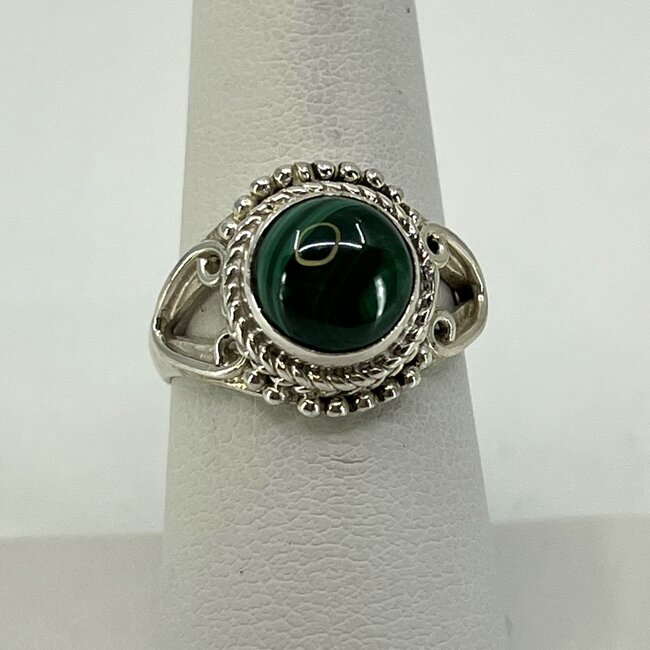 Malachite Rings - Size 7.5 Round Filigree Sterling Silver