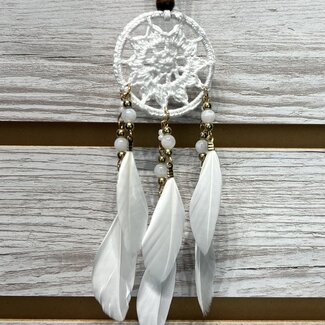 Dream Catcher (Dreamcatcher) Mini White with White & Gold Beads & White Feathers - 1.5" Diameter, Handcraft, Wall Hanging, Car