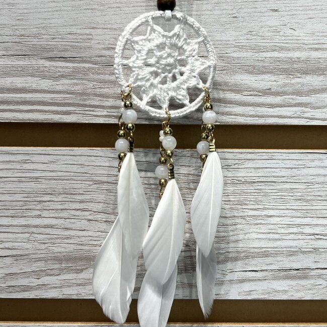 Dream Catcher (Dreamcatcher) Mini White with White & Gold Beads & White Feathers - 1.5" Diameter, Handcraft, Wall Hanging, Car
