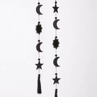 Black Moons, Suns & Stars Wooden Wall Hanging with Tassel Decor -  Boho Home Decoration