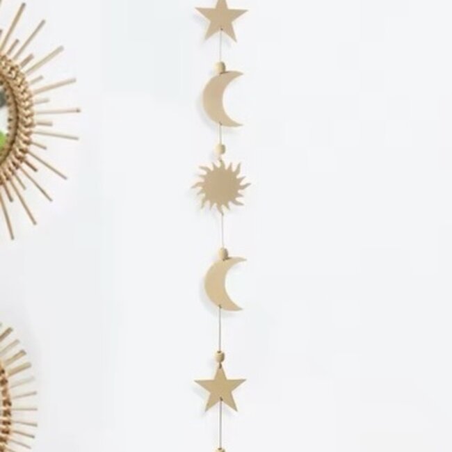 Moons, Suns & Stars Wooden Wall Hanging with Tassel Decor - Light Brown Cream Boho Home Decoration