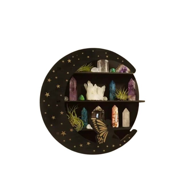 Black Wooden Wall Shelf - Crescent Moon with Stars & Fairy Crystal Display Stand Decor Boho