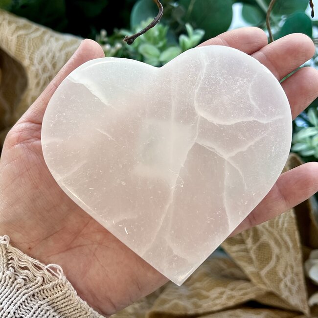 Selenite (Satin Spar Gypsum) Charging Disks Plates - Heart 4" Large