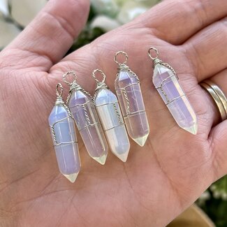Opalite Pendants - Wire Wrapped Faceted Points - Silver Plated