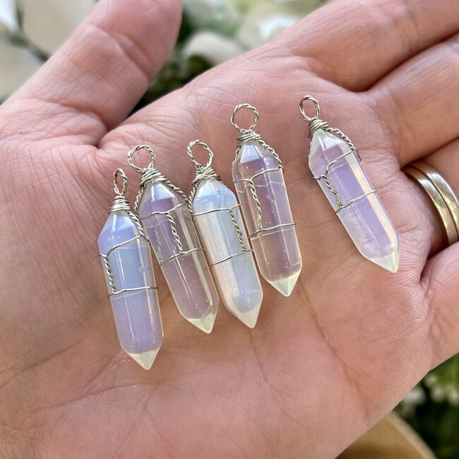 Opalite Pendants - Wire Wrapped Faceted Points - Silver Plated