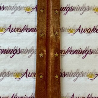 Incense Stick Burner Wood Canoe Sled Ash Catcher Holder - Lotus & Stars 10"