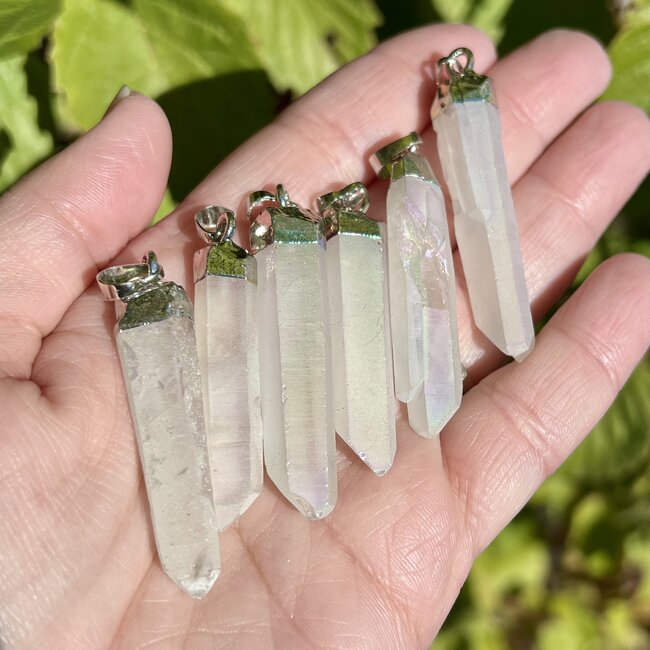 White Angel Aura Quartz Pendant - Point Silver Cap